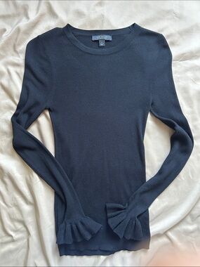 Ann Taylor Black Ruffle Cuff Ribbed Crew Sweater